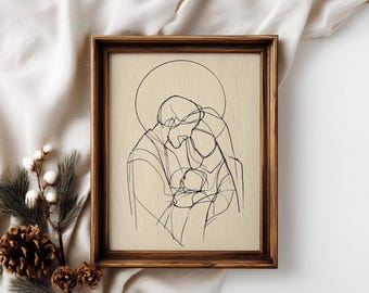 May include: A framed line art print of a family, rendered in a minimalist style with black lines on a beige backdrop. The wooden frame provides a classic aesthetic. This artwork is a religious-themed piece.