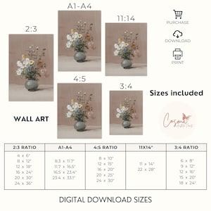 Puede incluir: Impresi&oacute;n digital de arte mural con un bodeg&oacute;n de flores coloridas en un jarr&oacute;n gris. La imagen est&aacute; disponible en m&uacute;ltiples relaciones de aspecto y tama&ntilde;os, desde 10 x 15 cm hasta 61 x 91 cm. Tambi&eacute;n se ve el texto "WALL ART" y "DIGITAL DOWNLOAD SIZES".