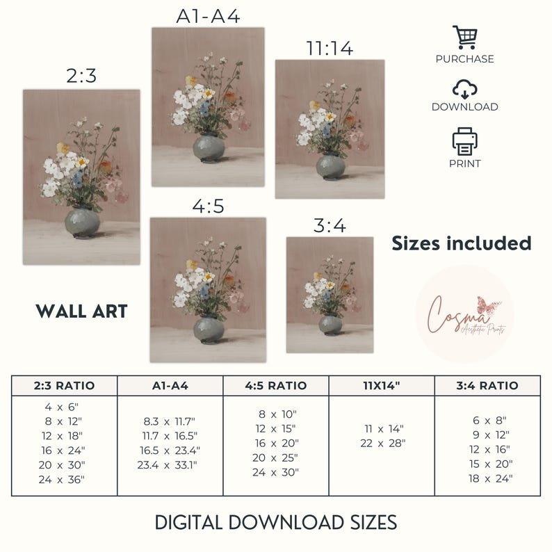 Puede incluir: Impresi&oacute;n digital de arte mural con un bodeg&oacute;n de flores coloridas en un jarr&oacute;n gris. La imagen est&aacute; disponible en m&uacute;ltiples relaciones de aspecto y tama&ntilde;os, desde 10 x 15 cm hasta 61 x 91 cm. Tambi&eacute;n se ve el texto "WALL ART" y "DIGITAL DOWNLOAD SIZES".