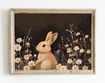 Vintage Bunny Wall Art, Dark Floral Rabbit Oil Painting, Cottagecore Animal Print, Whimsical wildlife, Woodland Nursery Decor, Easter print