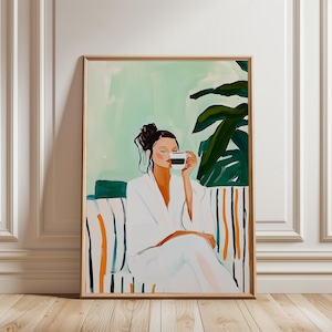 Minimalist Feminine Art Print | Relaxing Coffee Moment | Contemporary Artwork Minimalist Print, Self Care moment, Abstract people