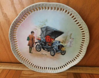 1901 Fiat Gentleman & Automobile Portrait Cabinet Wall Hanging Plate H. Tarman Signed Pierced Fine China Porcelain Decorative Collector Auto