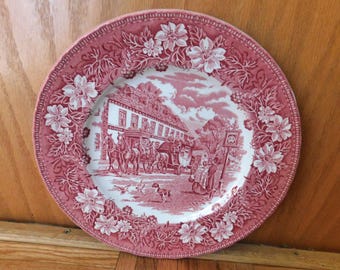 Vintage Staffordshire Coaching Taverns 1828 Royal Tudor Ware Plate 10 Inch Dinner England Horses Carriage English Village Pottery Ironstone