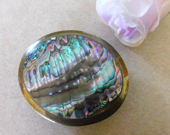 Vintage Colorful ABALONE Inlay Shell Western Cowboy Solid Brass Handcrafted Inlaid Belt Buckle 1970s Hippie Unisex
