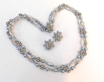 1940s 1950s Regal Silver Gray Crystal & Ice Faux Pearl Vintage 2 Strand Necklace Choker Clip On Earrings Set Elegant Formal Demi Parure
