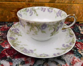Antique LIMOGES Signed GDA Haviland France Light Purple Flowers Garland Teacup Gold Gilt Floral Tea Cup Saucer Victorian Porcelain China