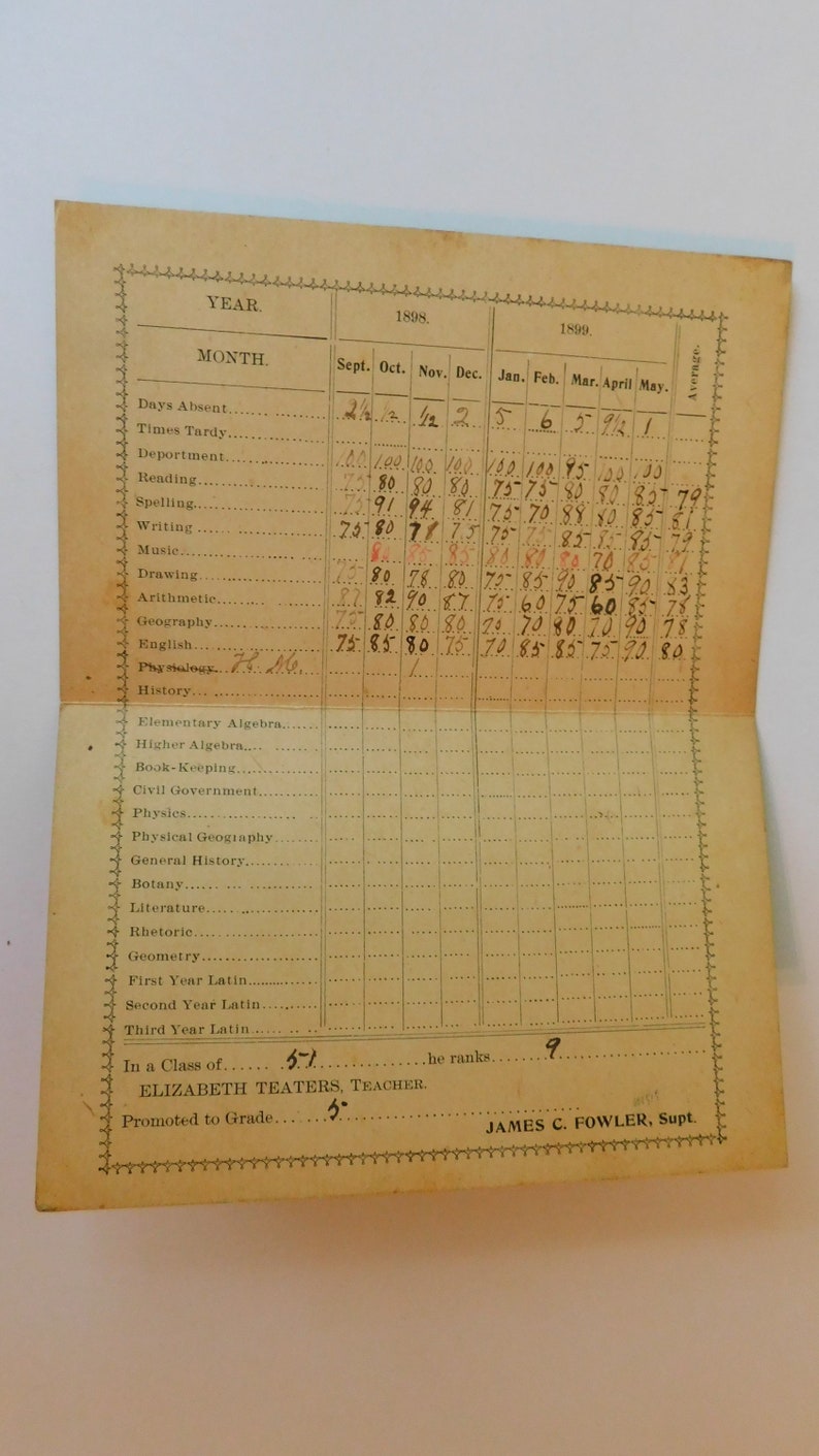 1898 /& 1899 The New Lexington Public Schools Ohio Report Card for Nial Flowers Antique Victorian Student Grades