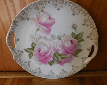Antique Pink Roses Signed Croquier Bavaria Plate Gold Gilt Cabinet Decorative 10.5 Inch
