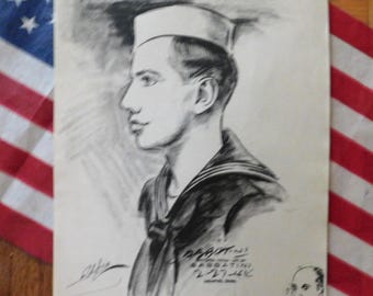 1944 WW2 Navy Sailor Sketch by John Sabbatini Memphis TN Newspaper Artist World War II Original Artwork Vintage Military Tennessee Naval