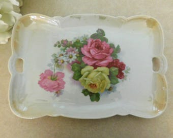 Antique Germany lovely Roses Pink & Yellow Dresser Vanity Tray Porcelain China Peach Luster 11 Inch Handled Rectangular Scalloped Embossed