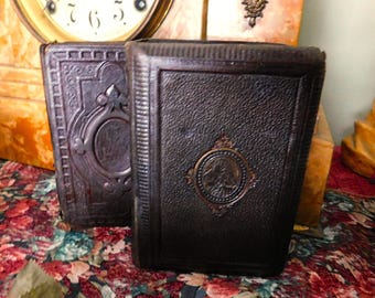 Beautiful Miniature Set of Dutch Netherlands Christian Prayer Book Bible 1879 1883 Victorian Heavily Embossed Leather Binding Roman Catholic