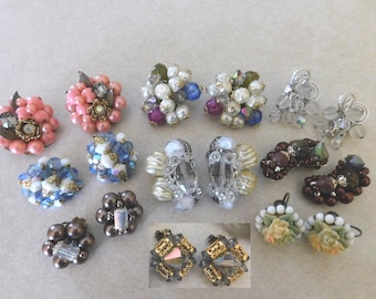 Collection of VINTAGE BIG Bold Earrings Costume Jewelry Cluster Style Facetted Crystals  Rhinestones Molded Glass Non Pierced 1940s - 1960s