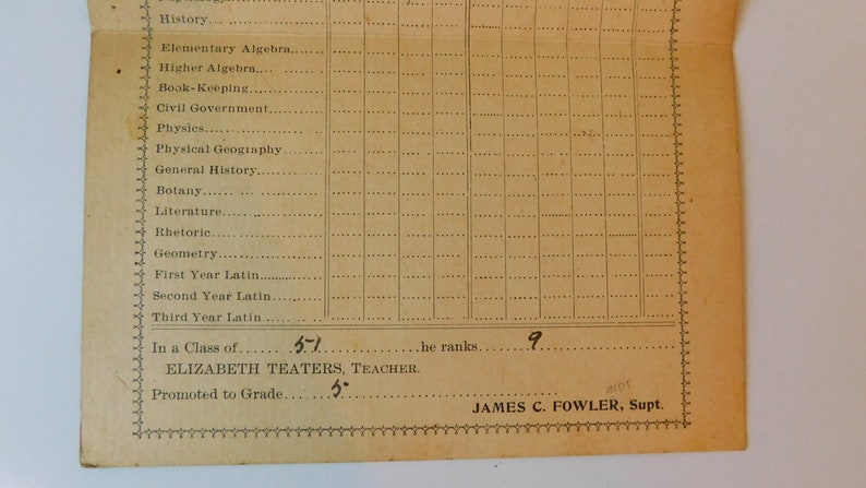 1898 /& 1899 The New Lexington Public Schools Ohio Report Card for Nial Flowers Antique Victorian Student Grades