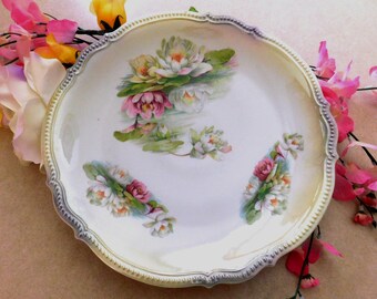 Antique P.K. Silesia Water Lily Flowers Cabinet Decorative Plate 11.5 Inch Green Luster Transferware LOVELY Porcelain China
