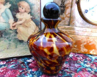 Vintage Art Glass Perfume Bottle Murano ? Tortiseshell Amber Leopard Spot Swirls Rich Strong Colors Hand Blown Vanity