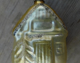 Vintage West Germany Christmas Ornament Gold Cabin House Glitter Mica Mercury Glass Hand Made Blown European