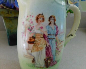 Antique 2 Ladies Portrait Cameo Royal Vase Antique 5.1" Pitcher Jug Ewer Czecho Slovakia Lady Scene