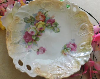 Antique Orla Germany Roses Cabinet Decorative Plate 10.5 Inch Transferware Embossed Handled Cake serving Plate Porcelain China Peach Luster
