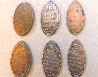 Vintage Lot of The Lord's Prayer Our Father Pressed Stamped U.S. Penny Flattened Copper Money 6 Coins Tokens Elongated One Cent DIY pendant