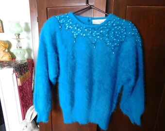 Vintage Nordstrom 80% Angora Wool Nylon Sweater Sequins Beaded Elegant Fashion  Teal Peacock Blue Removeable Shoulder Pads Size Small