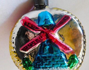 Vintage Premier U.S.A. Christmas Ornament Dutch Netherlands Windmill Trees Glitter Mica Mercury Glass Ball Brightly Painted Hand Made Blown