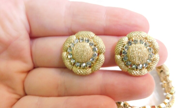 Mesh Woven Bracelet /& Clip On Earrings Crystal Rhinestone Set Vintage Costume Demi Parure