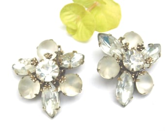 Vintage Big BEAUJEWELS Clear Moonstone & Ice Diamonte Rhinestone Riveted Crystal Clip On Earrings Wedding or Formal Dress Designer