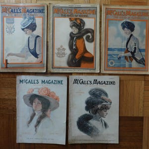 5 1907 - 1910 McCall&#39;s Magazine Wedding Fashion Color Plate Clothing Household Sewing Cooking Antique Stories Advertising Ad Complete Books