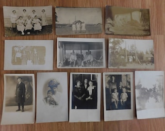 Colección de 11 postales fotográficas antiguas de lote real de personas, familias, niños, damas, granjas, PC, estilo eduardiano a art déco, RPPC, inundaciones, minería.