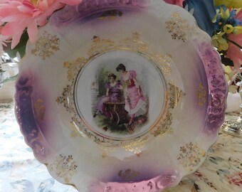 Antique Portrait Porcelain 9.75inch Serving Bowl Blonde Brunette Lady in Pink & Purple Luster Gold Gilt Fine China Edwardian Art Nouveau