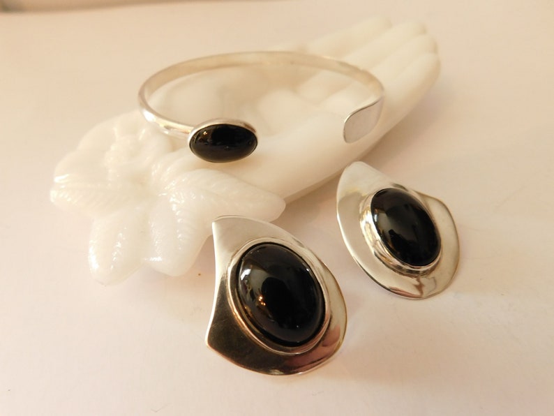 Black Onyx Sterling Silver 925 Los Ballesteros Mexico Taxco Pierced Post Earrings Bracelet Set Open Adjustable Size Cuff - 