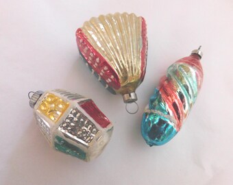 Vintage Mercury Glass Christmas Ornament Shiny Brite Hand Made Blown Hand Painted Spiral Lantern Indent Fan MICA Collection Lot Set
