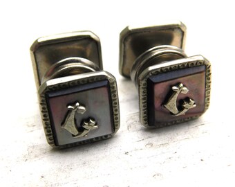 Art Deco Patent 1920 Lavico Kwik Button Snap Cufflinks Mother of Pearl Shell G Initial Double Sided Men Jewelry Accessories Suit Cuff Link