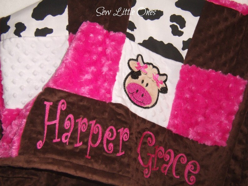 Cow Print Patchwork Baby Blanket Hot Pink and White Baby Blanket Cow Applique