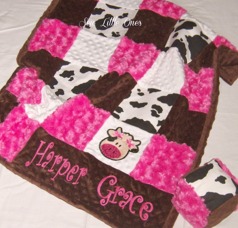 Cow Print Patchwork Baby Blanket Hot Pink and White Baby Blanket Cow Applique