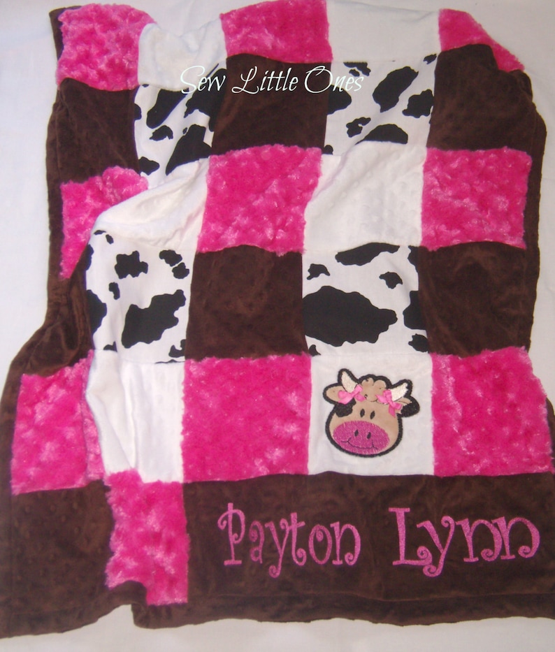 Cow Print Patchwork Baby Blanket Hot Pink and White Baby Blanket Cow Applique