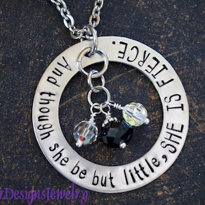 She is Fierce- Shakespeare Quote Washer Pendant, Little but Fierce Hand Stamped Necklace, Inspirational Jewelry