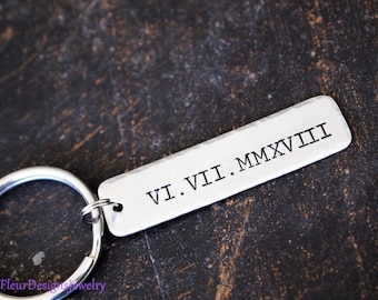 Roman Numeral Date Keychain, Personalized Stainless Steel Keyring