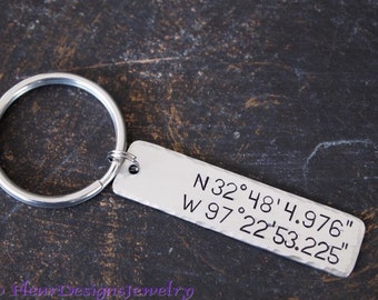 Coordinates Keychain, Latitude Longitude Key Chain, Latitude Longitude Keychain