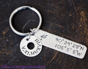 Graduation Keychain, Custom Coordinates Keychain with Graduation Date, Graduation Date and Location Keychain, Personalized Keychain