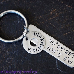 Roman Numeral Date  and Custom coordinates Keychain, Date and Location Key Chain, Anniversary Gift