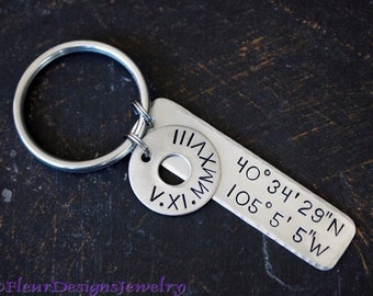 Roman Numeral Date  and Custom coordinates Keychain, Date and Location Key Chain, Anniversary Gift