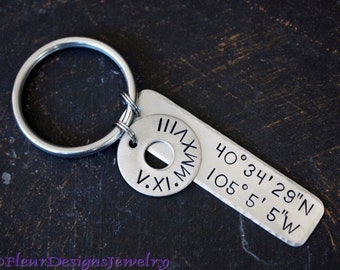 Hand Stamped Stainless Steel Keychain, Roman Numeral Date & Coordinates