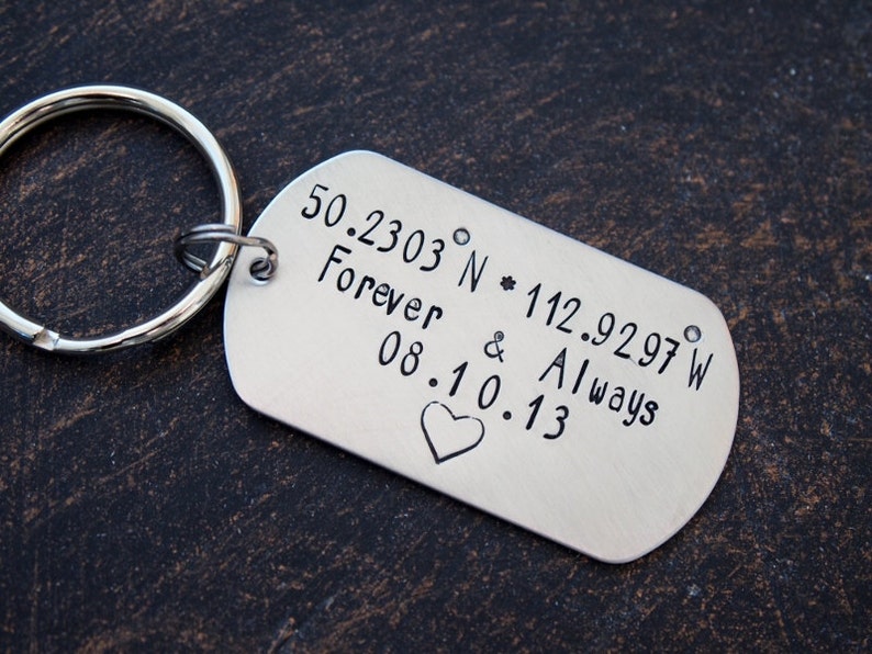 Personalized Dog Tag Keychain Custom Message Hand Stamped Key Etsy