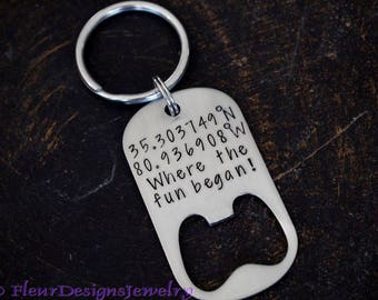 Latitude & Longitude Bottle Opener Keychain, Coordinates Bottle Opener Keychain