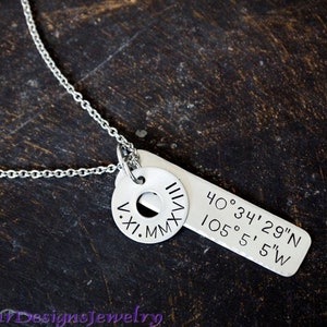 Coordinates Necklace with Roman Numeral Date, Coordinates Necklace with Name or Date Charm, Anniversary Gift, Graduation Gift