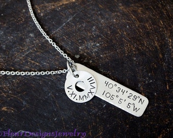 Coordinates Necklace with Roman Numeral Date, Coordinates Necklace with Name or Date Charm, Anniversary Gift, Graduation Gift