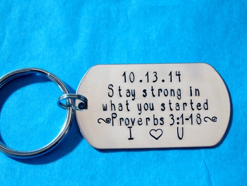 Personalized Dog Tag Keychain Custom Message Hand Stamped Key Etsy