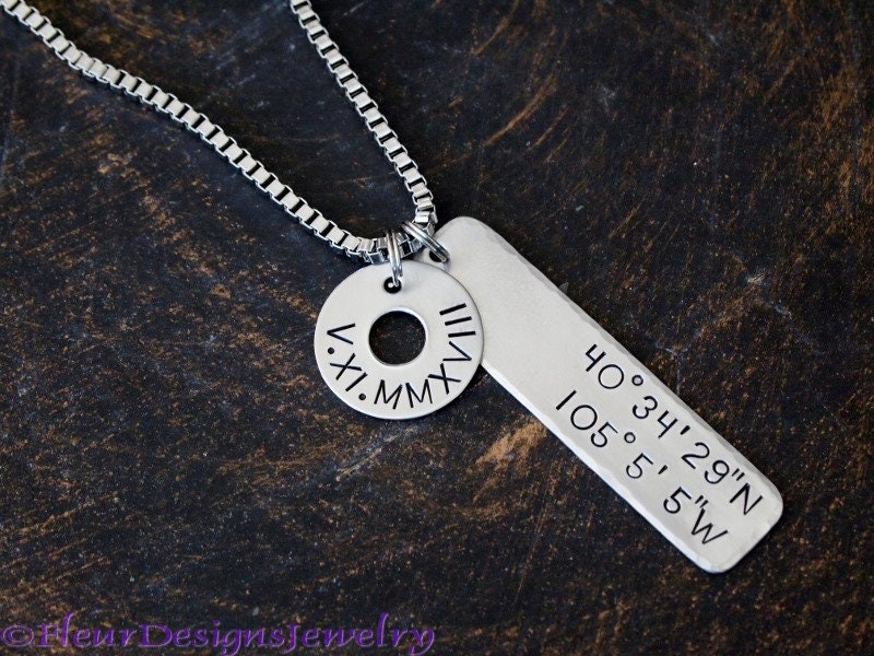 Coordinates and Date Necklace Coordinates with Roman Numeral | Etsy