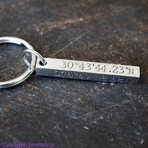 May include: A silver rectangular keychain with engraved coordinates: 30°43'44.23"N and 115°59'48.58"W. The keychain has a large, round key ring. The background is a dark, textured surface.